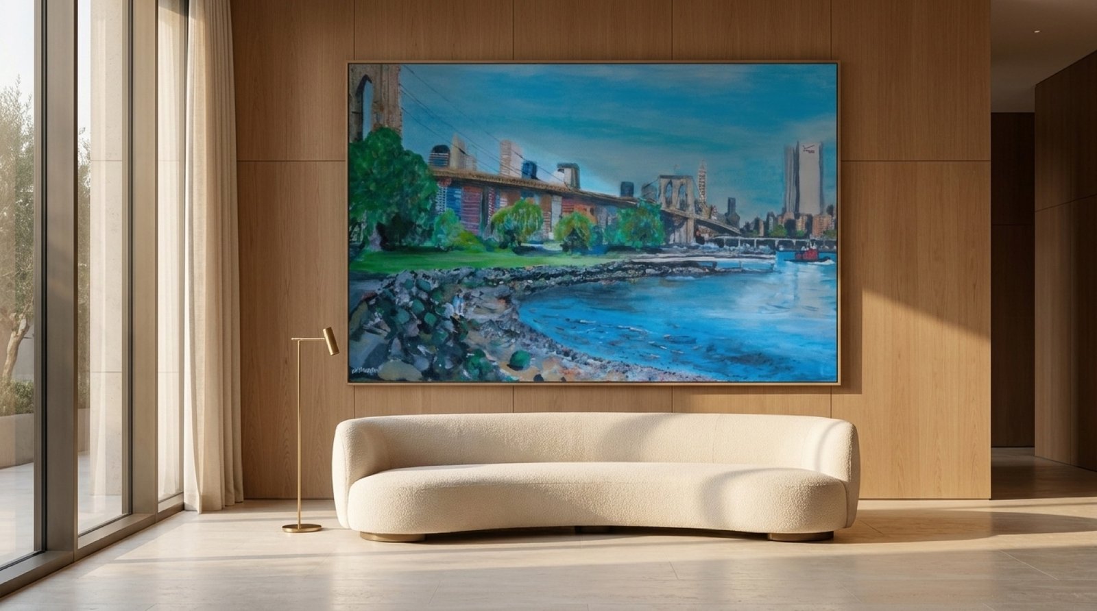 Brooklyn Bridge by Wayne Pearce hung at statement scale in a contemporary hospitality interior